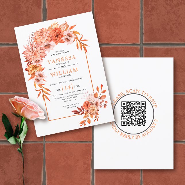 Invitation Arche avec fleurs oranges Code QR mariage de autom (Créateur téléchargé)