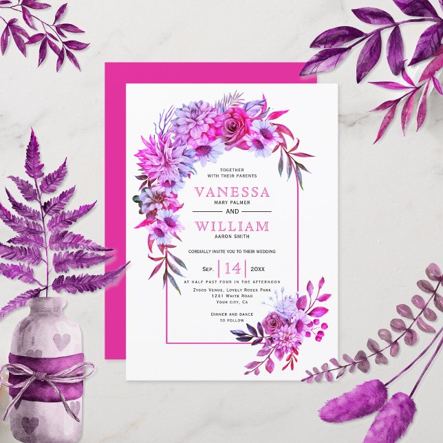 Invitation Arche avec magenta fleurs roses mariages floraux (Créateur téléchargé)