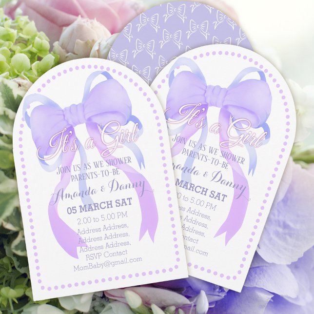 Invitation Arche de Baby shower de ruban violet (Lovely Purple Ribbon Baby Girl Shower Arch Card Design.)