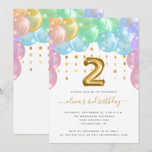 Invitation Arche de Ballons Arc-en-ciel Or Filles 2ème Annive
