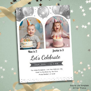 Invitation Arche de ballons argentés pour double anniversaire