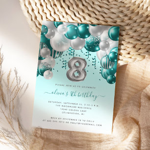 Invitation Arche de Ballons Turquoise Argent Filles 8ème Anni