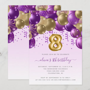 Invitation Arche de Ballons Violet Or Filles 8ème Anniversair