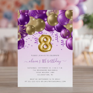 Invitation Arche de Ballons Violet Or Filles 8ème Anniversair