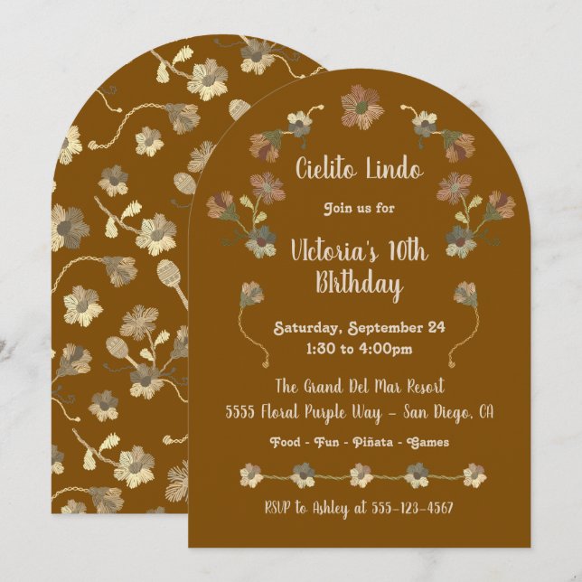 Invitation Arche de broderie de la fête d'anniversaire mexica (Devant / Derrière)