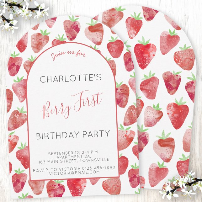 Invitation Arche de fête d'anniversaire de fraise (Modern strawberry watercolor berry first 1st arch shaped birthday party invitation with custom text)