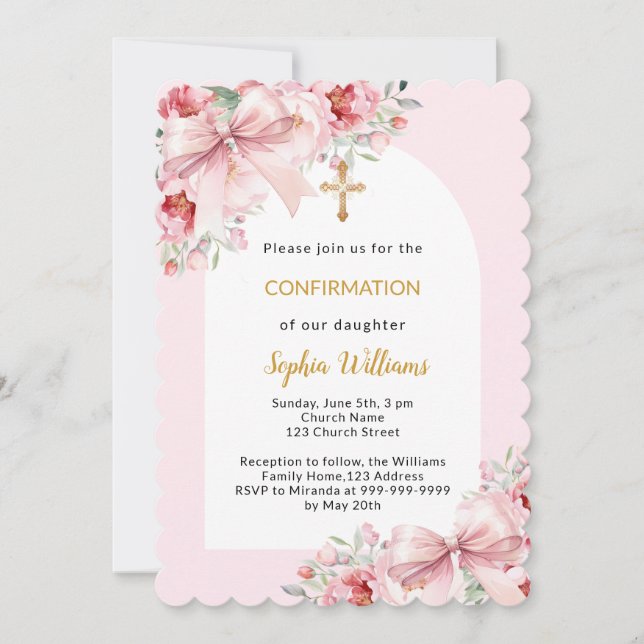 Invitation Arche de fille papillon rose florales Confirmation (Devant)