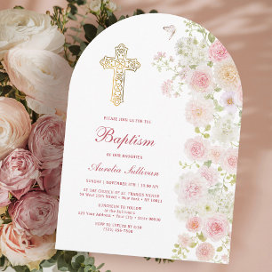 Invitation Arche de fleurs roses et pêche pour baptême