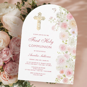 Invitation Arche de fleurs roses et pêche pour la première co