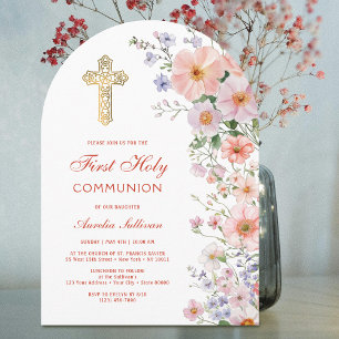 Invitation Arche de fleurs sauvages pastel pour première comm