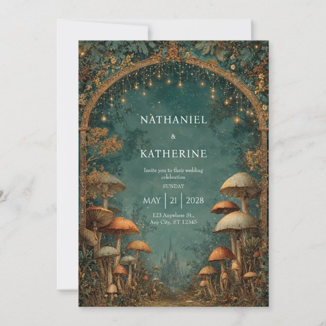 Invitation Arche de Forêt Mystique avec Mariage Vue Château (Devant)