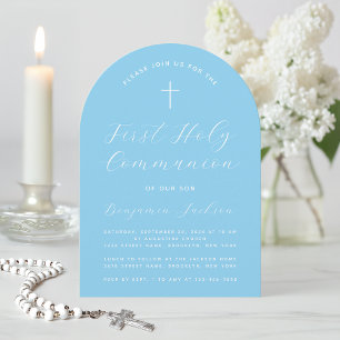 Invitation Arche de la première communion bleue Croix simple 