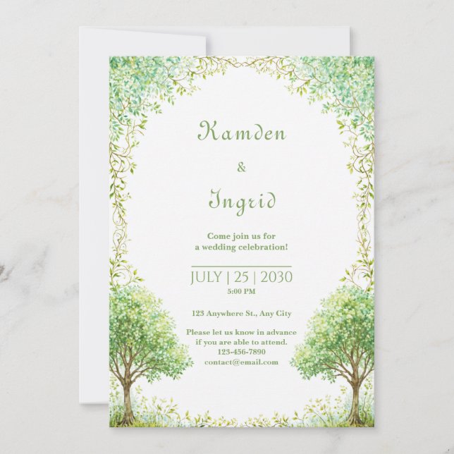 Invitation Arche de mariage en arbre aquarelle verte fantaisi (Devant)