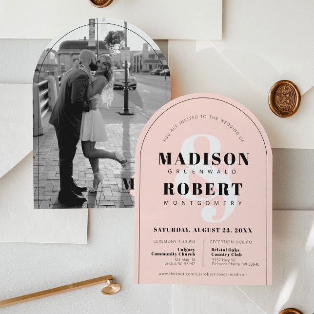 Invitation Arche de mariage photo esperluette rose noir et bl (Beautiful modern black and White photo ampersand simple elegant blush pink arch wedding invitation)