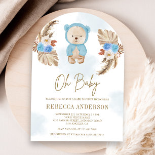 Invitation Arche de ours en peluche Pampas Fleurs Bleues Baby