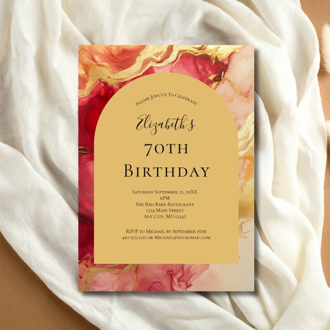 Invitation Arche d'encre rouge or 70e anniversaire pour elle (Red Gold Alcohol ink Arch 70th ( or any year )Birthday invitation, Printed or Digital)