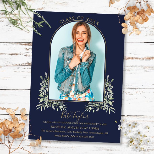 Invitation Arche d'or Photo Marine Blue Foliage Graduation (Gold Arch Photo Navy Blue Foliage Graduation Invitation)