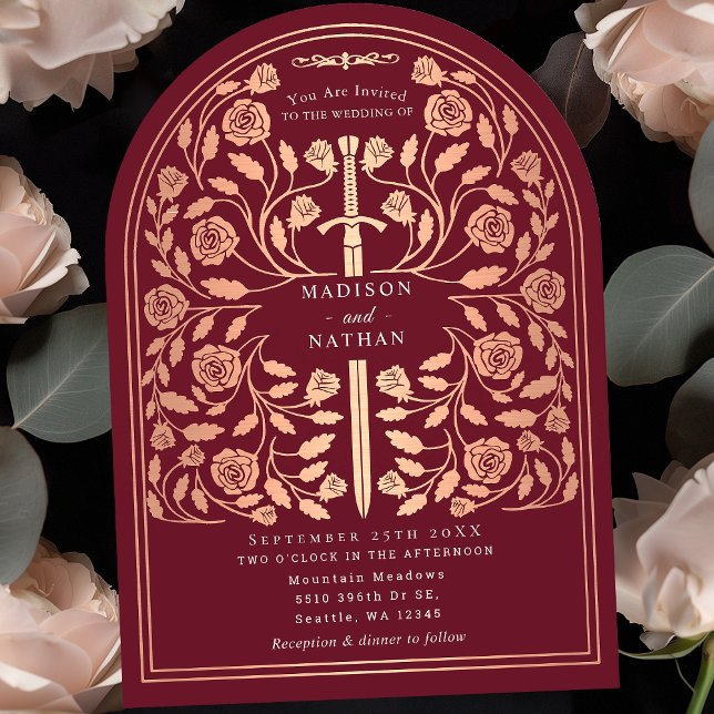 Invitation Arche du Mariage de l'épée d'or Rose rouge Royal (Créateur téléchargé)