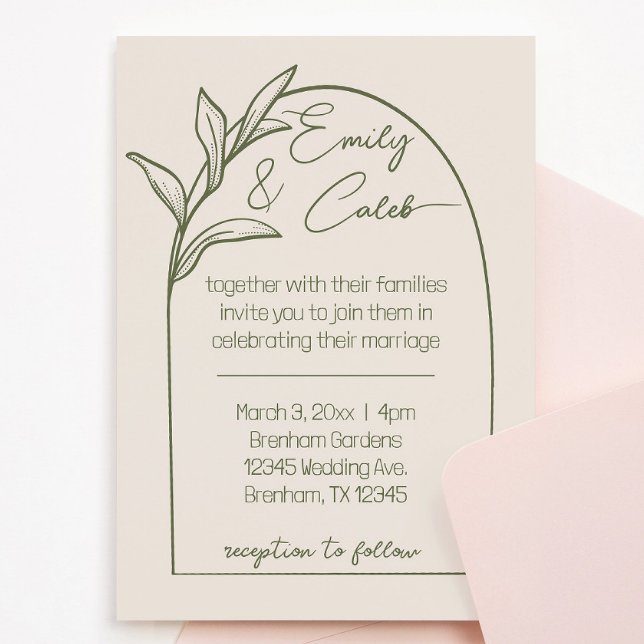 Invitation Arche feuille moderne Tan & Mariage vert (cream and green arch leaf botanical design. script cursive writing. romantic, modern, simple feel)