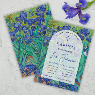 Invitation Arche Florale de Baptême Bleu Iris Van Gogh Élégan