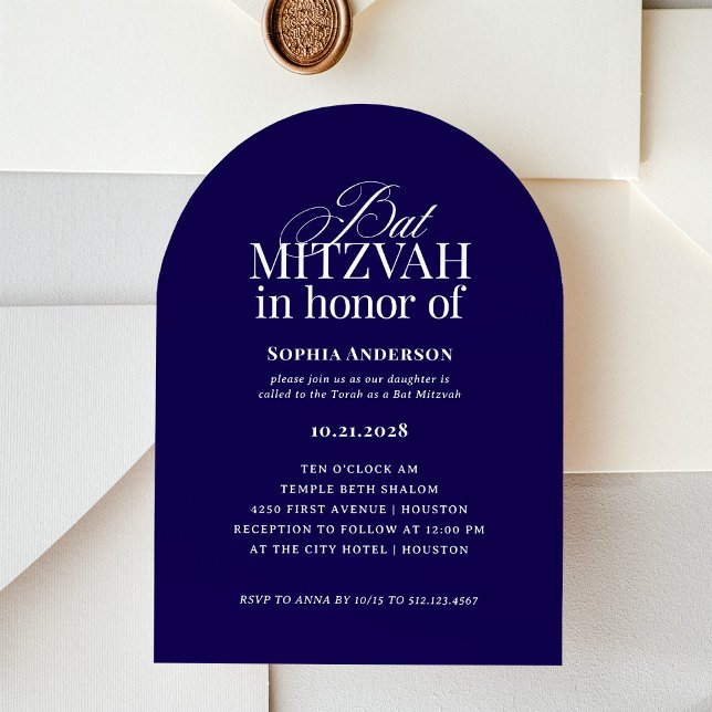 Invitation Arche forme classique Luxe | Bat mitzvah bleu fonc (Créateur téléchargé)