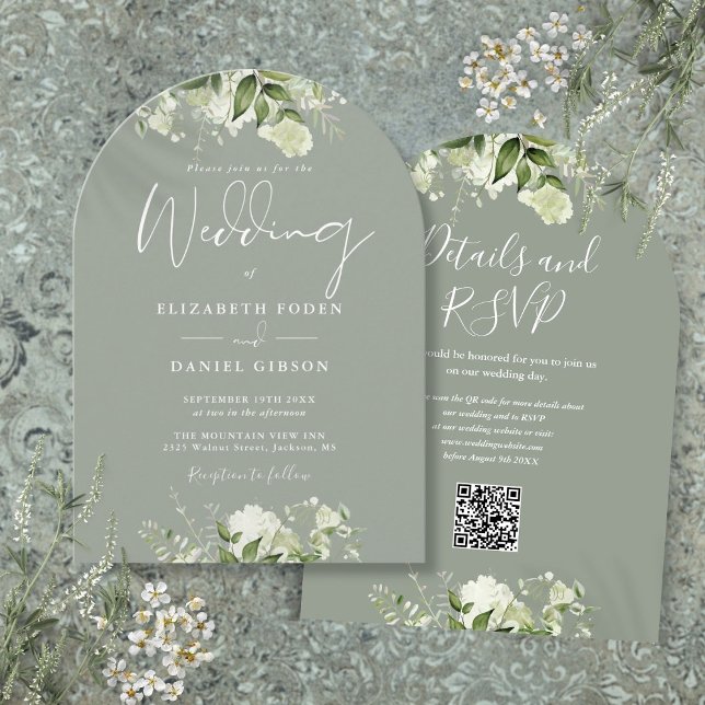 Invitation Arche Mariage de code QR de couleur verte Sage (Sage Green Floral QR Code Wedding Arch Invitation)
