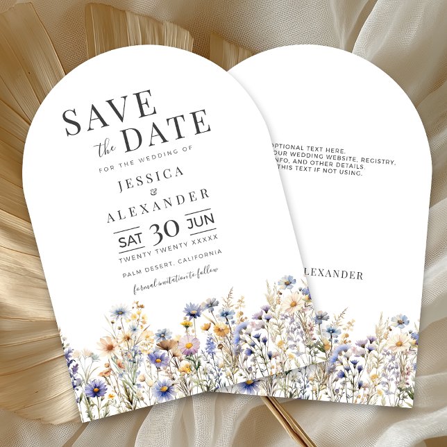 Invitation Arche Mariage Dusty Blue Fleur sauvage Enregistrer (Dusty Blue Watercolor Wildflower Wedding Arch Save the Date, White Background, Optional Text on Back)