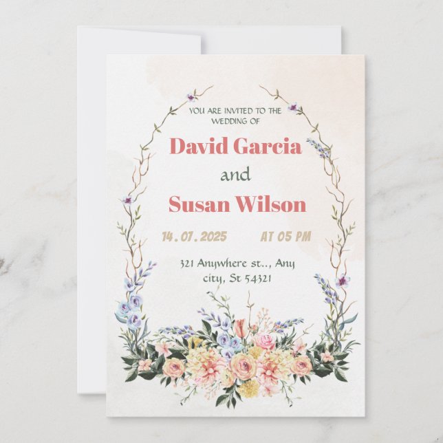Invitation Arche mariage fleurie rose, violet, aquarelle jaun (Devant)