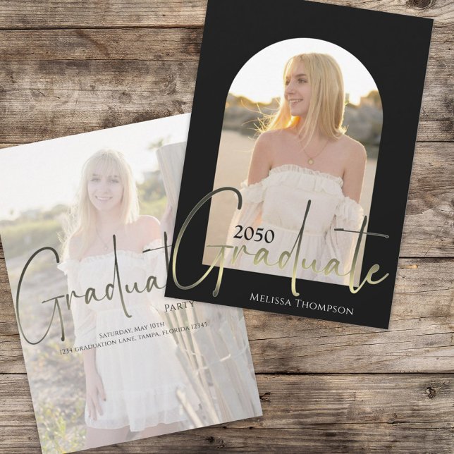Invitation Arche photo design noir et blanc (Graduation photo invitation announcement with gold calligraphy script. )