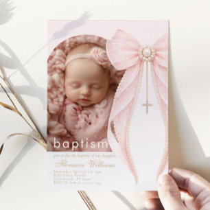 Invitation Arche Photo Rose Pâle Nœud Coquette Baptême Fille