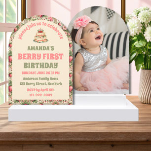 Invitation Arche photo vintage fraise 1er anniversaire de fêt