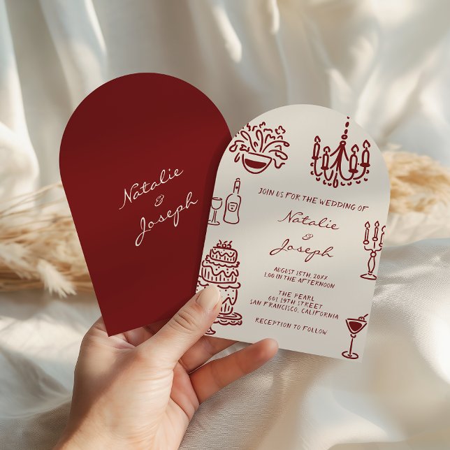 Invitation Arched Drawn Burgundy Romantic Whimsical Wedding (Créateur téléchargé)