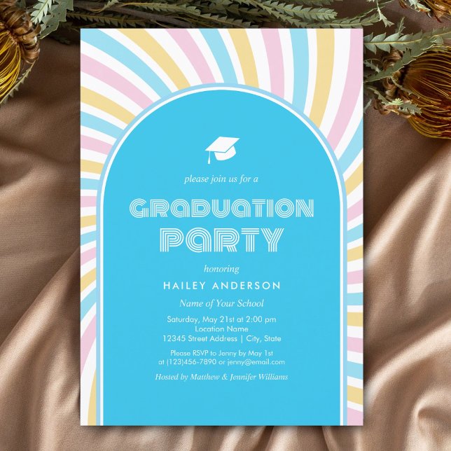 Invitation Arches Bleues Modernes Retro 80s Graduation (Créateur téléchargé)