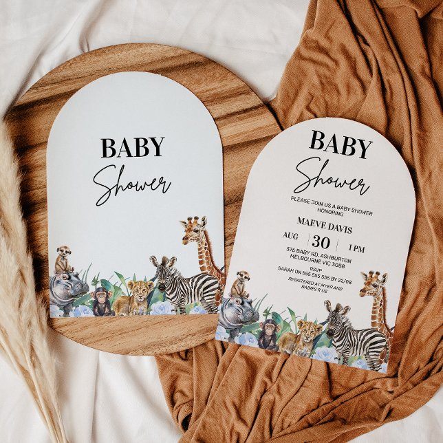 Invitation Arches Boys Blue Floral Baby shower Safari (Boys Arched Safari Baby Shower Invitation, Safari Animals Baby Shower Invite, Modern Blue Floral)