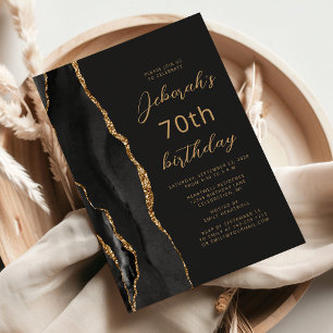 Invitation Ardoise Agate Or Noir Écriture 70e Anniversaire