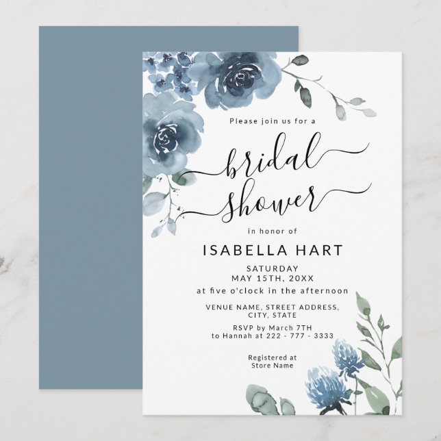 Invitation Ardoise bleu bleu bleu floral Fête des mariées d'a (Devant / Derrière)