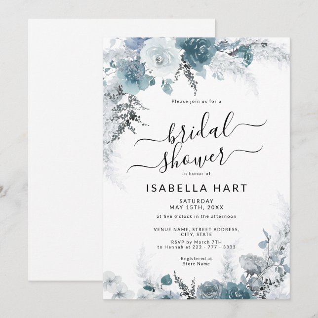Invitation Ardoise Boho Dusty Bleu Neutre Fête des mariées Fl (Devant / Derrière)