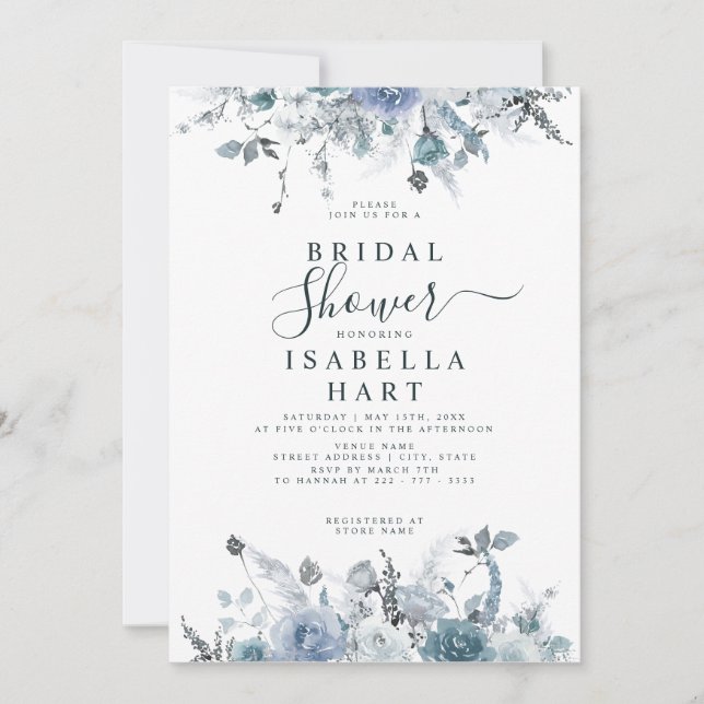 Invitation Ardoise Boho Dusty Blue Floral Pastel Fête des mar (Devant)