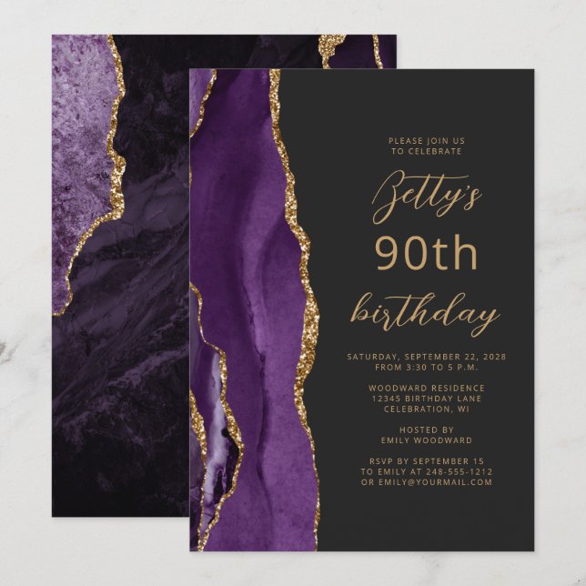 Invitation Ardoise d'agate d'or violet Script 90e anniversair (Devant / Derrière)