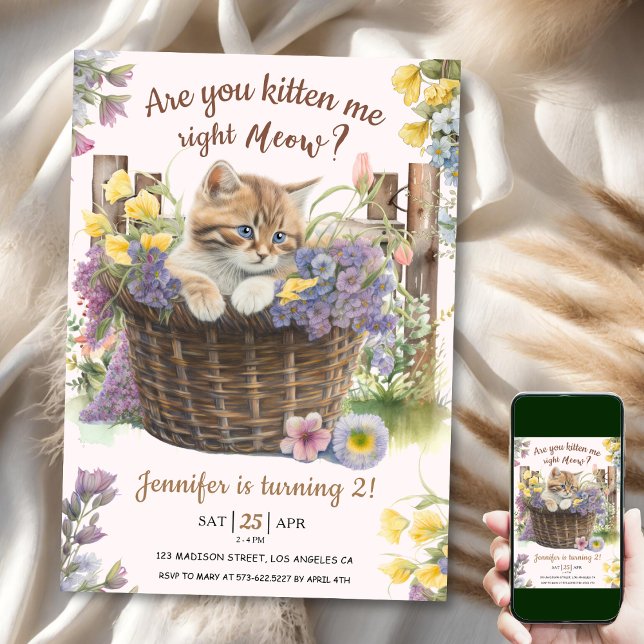 Invitation Are You Kitten Me Floral Pink Cat 2e Anniversaire (Créateur téléchargé)
