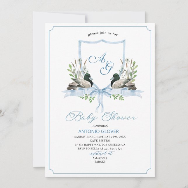 Invitation Arêtes d'aquarelle Baby shower de canard bleu (Devant)