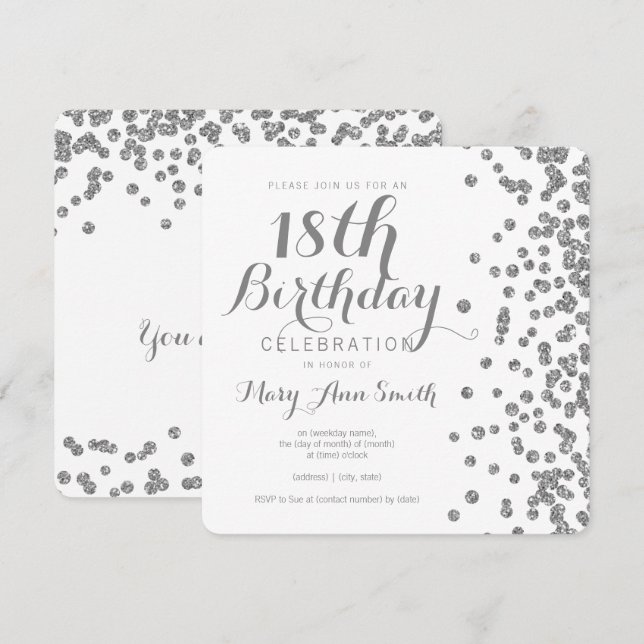 Invitation Argent 18e anniversaire Faux Parties scintillant C (Devant / Derrière)