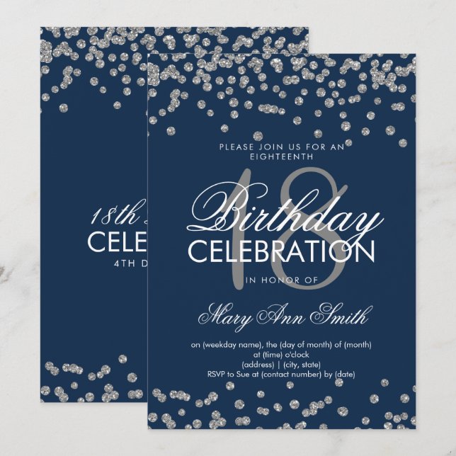 Invitation Argent 18e anniversaire Parties scintillant Confet (Devant / Derrière)
