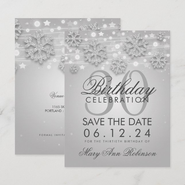 Invitation Argent 30e anniversaire Save Date Winter (Devant / Derrière)