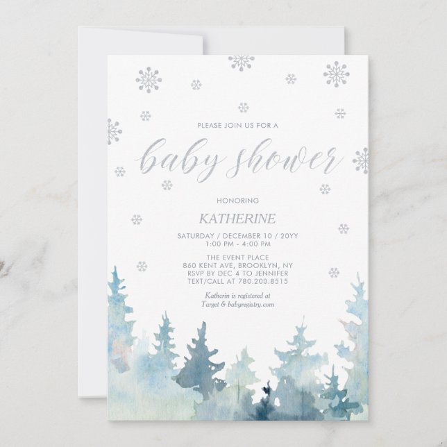 Invitation ARGENT | Baby shower de forêt d'hiver de Snowflake (Devant)