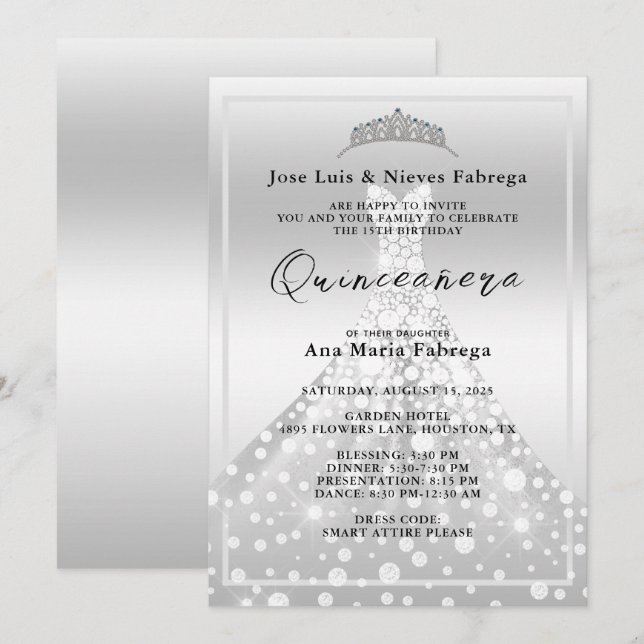 Invitation Argent Ball Gown & Tiara Quinceañera Anniversaire (Devant / Derrière)