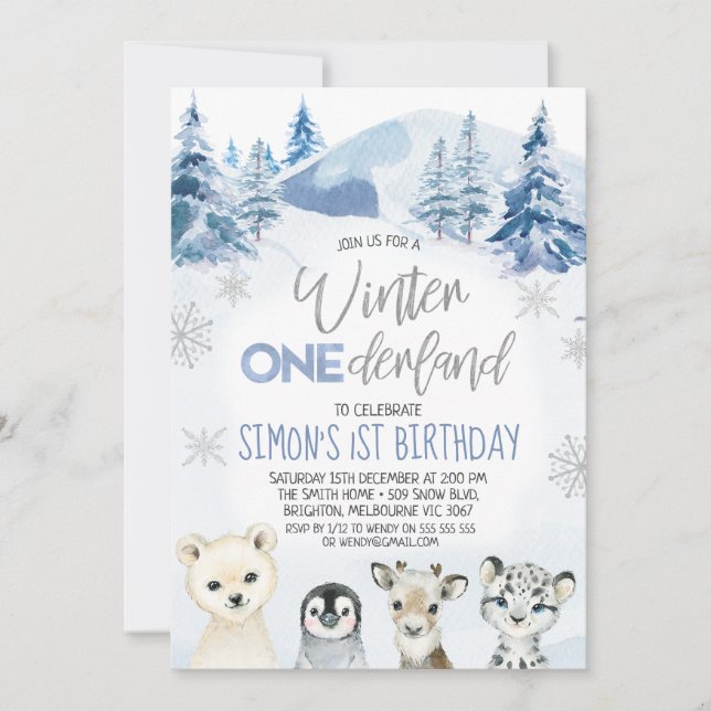 Invitation Argent Bleu Arctique Onederland hiver Anniversaire (Devant)