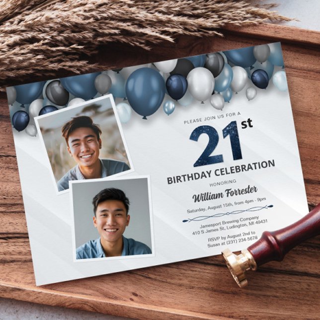 Invitation Argent bleu noir et blanc 21e anniversaire 2 photo (Blue Silver Black & White 21st Birthday 2 Photo Invitation)