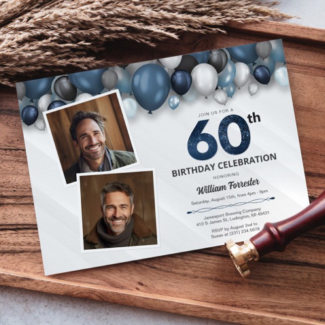 Invitation Argent bleu noir et blanc 60e anniversaire 2 photo (Blue Silver Black & White 60th Birthday 2 Photo Invitation)