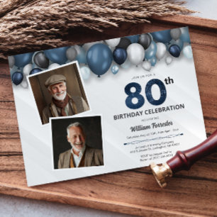 Invitation Argent bleu noir et blanc 80e anniversaire 2 photo